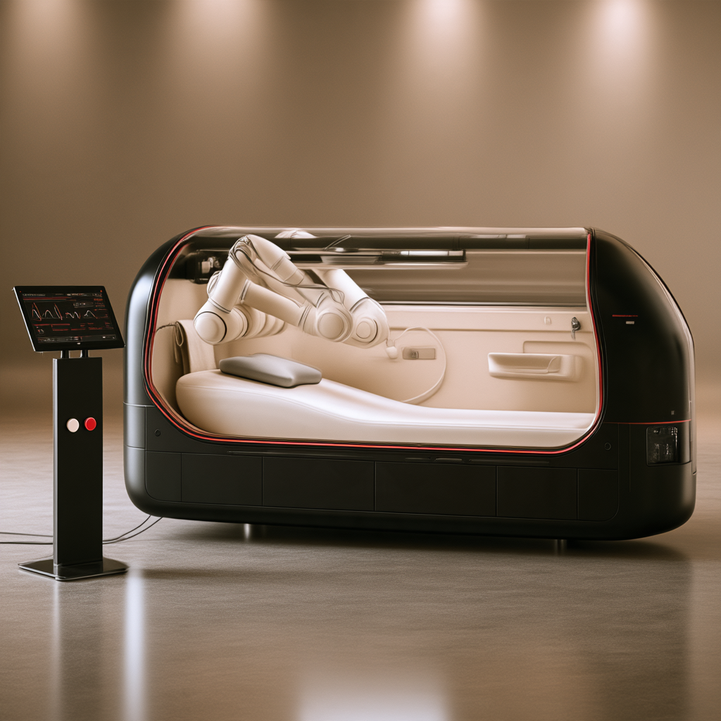 The Pauling 720i concept render: a black base with a sealed clear canopy, a white interior, two robotic arms on a ceiling rail, a thin red seal line and a pedestal console